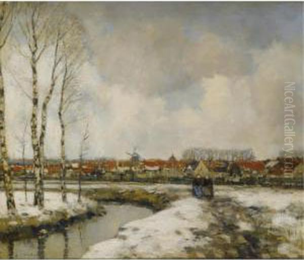 A Winter Townscape With Figures Along A Stream - view 1