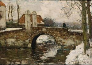 A Figure On A Bridge In A Winter Landscape, Laag Soeren by Louis Willem Van Soest
