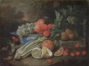 Apricots And Grapes In A Wan-li 
Kraak Blue Andwhite Bowl On A Table Ledge, With A Peeled Lemon, Celery, 
Cherriesand Walnuts, Before A Landscape