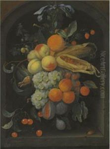 A Still Life Of Peaches, Grapes,
Figs, Cherries, Apricots And Husksof Maize Suspended In A Stone Niche
From A Spike With A Blue Bow,together With A Beetle And A Caterpillar A Still Life Of Peaches, Grapes,
Figs, Cherries, Apricots And Husksof Maize Suspended In A Stone Niche
From A Spike With A Blue Bow,together With A Beetle And A Caterpillar
