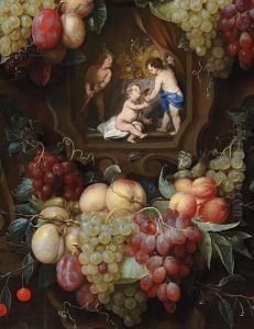 Ornamentkartusche Mitfruchtegirlanden Und Figurenszene by Joris Van Son