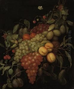 Peaches, Plums, Grapes, Cherries And Strawberries And Other Fruit,a Fly And A Butterfly