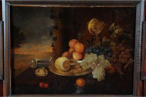 Fruits Et Verres Sur Unentablement Avec Un Fond De Paysage