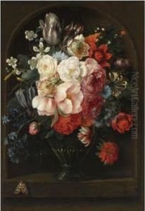 A Still Life Of Roses, Parrot
Tulips, A Hyacinth, Honeysuckle,anemones And Other Flowers In A Glass
Vase, Together With Abutterfly, In A Stone Niche by Joris Van Son