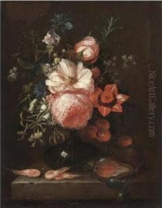 A Still Life With Roses,
Honeysuckle, Other Flowers And Summer Fruits In A Glass Vase, Shrimps On
The Stone Ledge Below by Joris Van Son