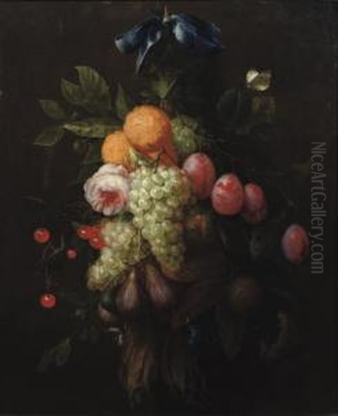 Oranges, Prunes, Cherries, Figs,
 Grapes, And A Rose Hanging From A Blue Ribbon Tied To A Nail, With A 
Butterfly And Other Insects Nearby - view 1