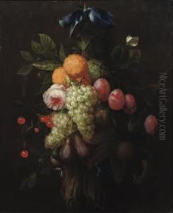 Oranges, Prunes, Cherries, Figs,
Grapes, And A Rose Hanging From A Blue Ribbon Tied To A Nail, With A
Butterfly And Other Insects Nearby by Joris Van Son