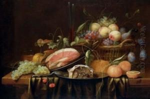 Ham And A Sweetmeat Pie On 
Pewter Plates, Peaches, Grapes, Figs And Plums In A Basket, A Bread 
Roll, Oranges, A Sprig Of Cherries, A Bunch Of Grapes, A Facon-de-venise
 Glass And A Spoon On A Partly-draped Table