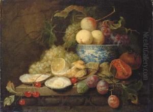 Oysters, Plums, Cherries, Grapes, A Lemon And A Pomegranate On Astone Ledge