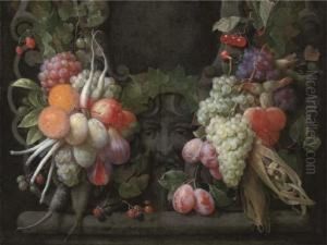 Grapes, Gooseberries, 
Blackberries, Figs, Oranges, Plums, Radishes,asparagus, Maize, Cherries 
And Other Fruits Surrounding A Stonecartouche With A Sculpted Head