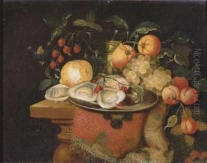 A Pewter Bowl With Oysters, A Peeled Lemon
