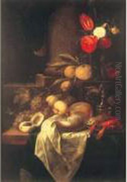 Nature Morte Au Vase De Fleurs Et Fruits Sur Un Entablement - view 1