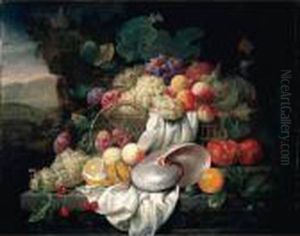 Still Life With Grapes, Plums, 
Apricots And A Pomegranate In A Basket, Together With Other Fruits And A
 Nautilus Shell On A Stone Ledge