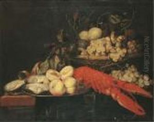 Peaches And Oysters On A Silver 
Platter With Grapes, Plums Andpeaches In A Basket And A Lobster On A 
Partially Coveredtable
