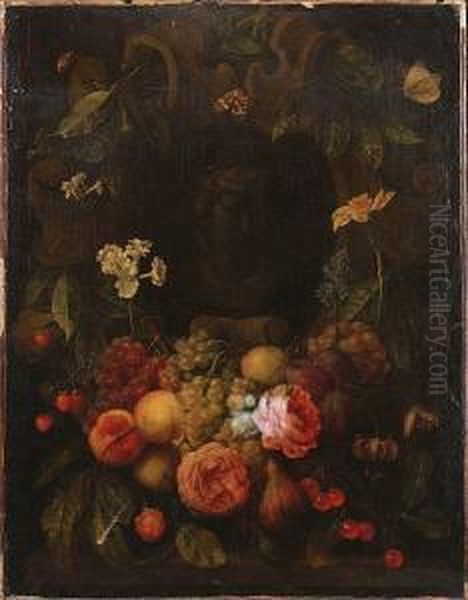 A Swag Of Of Grapes, Peaches,
Cherries, Strawberries, Roses, Narcissi, A Hyacinth And Other Flowers
Decorating A Carved Niche With A Bust, With A Cockchafer, Moth And
Butterfly - view 1