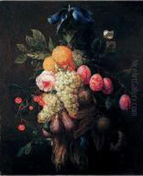 Still Life Of A Garland Of 
Grapes, Oranges, Plums, Figs, Cherries And A Rose, Suspended From A Nail
 Tied With A Blue Ribbon, With A Fly And A White Butterfly by Joris Van Son