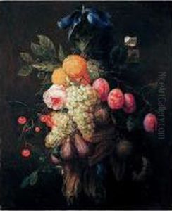 Still Life Of A Garland Of 
Grapes, Oranges, Plums, Figs, Cherries And A Rose, Suspended From A Nail
 Tied With A Blue Ribbon, With A Fly And A White Butterfly