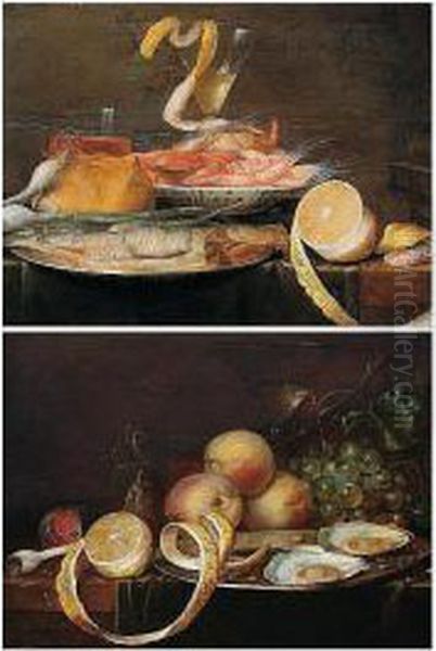 A Still Life Of Shrimps In A
Blue-and-white Porcelain Bowl, Together With A Herring On A Pewter Dish,
A Peeled Lemon, A Wine Glass, Bread And Onions, All Arranged Upon A
Partly Draped Table-top - view 1