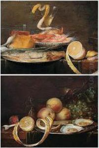 A Still Life Of Shrimps In A 
Blue-and-white Porcelain Bowl, Together With A Herring On A Pewter Dish,
 A Peeled Lemon, A Wine Glass, Bread And Onions, All Arranged Upon A 
Partly Draped Table-top by Joris Van Son