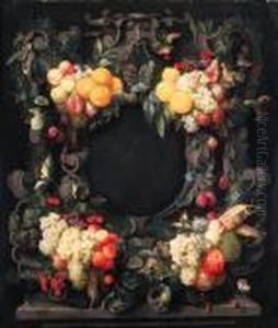 Clusters Of Oranges, Lemons, 
Pears, Grapes, Figs And Other Fruit,corncobs And Nuts Decorating A Stone
 Cartouche by Joris Van Son