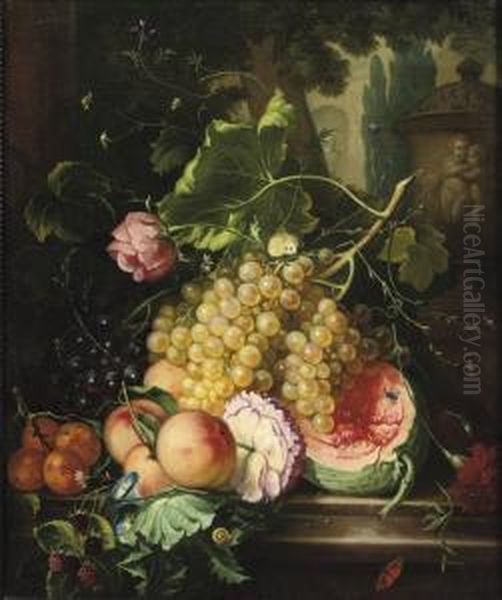 Grapes, A Melon, Peaches And
Other Fruit, A Rose, Violets And Otherflowers On A Stone Ledge In A Park
Landscape - view 1