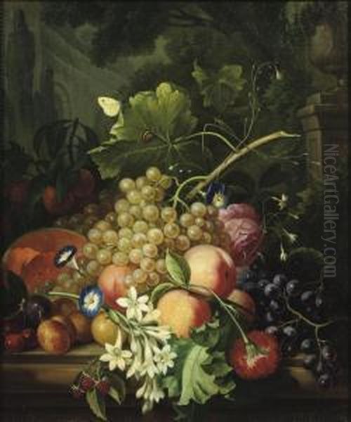Grapes, Peaches, A Melon And
Other Fruit, Violets, A Rose And Otherflowers On A Stone Ledge In A Park
Landscape - view 1