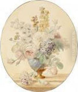 A Pair Of Flower Still Lifes In Vases On A Ledge by Cornelis van Spaendonck