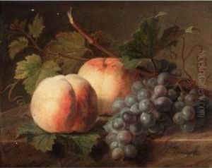 Two Peaches And Grapes Resting On A Marble Ledge