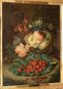 Roses And Other Flowers In A Basket And Strawberries On A Cabbage Leaf Roses And Other Flowers In A Basket And Strawberries On A Cabbage Leaf