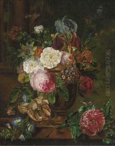 Still Life Of Roses, 
Chrysanthemums, Tulips, Astors, Sweet Williams And Trumpet Flowers In An
 Urn On A Marble Ledge
