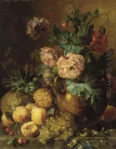 Peaches, Grapes, A Melon, And A Pineapple With Peonies In An Urn Ona Ledge