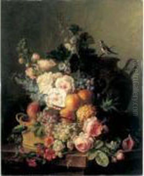 Nature Morte Au Panier De Fruits
Et Fleurs Nid Vase Et Oiseau Sur Un Entablement De Marbre - view 1