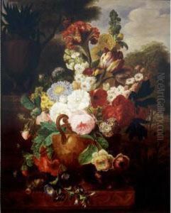 Still Life Of Flowers In An Urn
Resting On A Marble Ledge With A Bird's Nest, A Landscape Beyond by Cornelis van Spaendonck