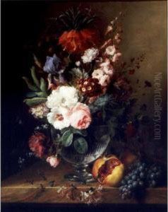 Still Life Of Flowers In A Glass Vase With Pomegranates And Grapes All On A Marble Ledge