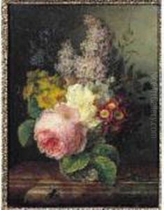 Nature Morte Au Bouquet De Fleurs Sur Un Entablement De Marbre