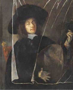 A man playing a lute behind a trompe l'oeil curtain by Barent Fabritius