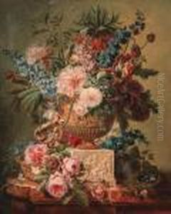 Tulips, Poppies, Roses And Other
 Flowers In A Sculpted Vase On Apedestal With Roses In A Basket And A 
Bird's Nest On A Marbleledge