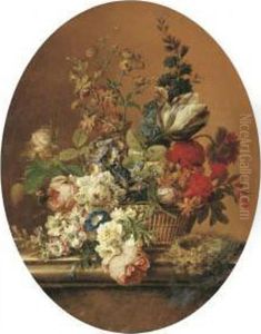 A Tulip, Primroses, 
Forget-me-not, Roses, Delphinium, Buttercup, Poppies, Morning Glory And 
Other Flowers In A Basket With A Dunnock's Nest On A Stone Ledge by Gerard Van Spaendonck