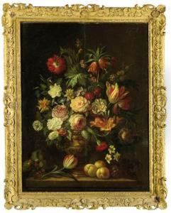 Roses, Carnations, Tulips, 
Lilies And Other Flowers In A Metal Vase With Raspberries, Grapes, 
Peraches And A Tulip On A Stone Ledge by Gerard Van Spaendonck