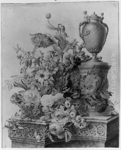 A Still Life With Flowers In A Basket By An Urn On Stand On Amarble Ledge