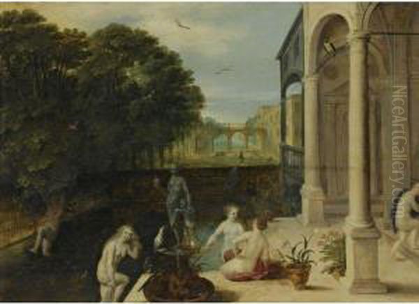 Nymphs Bathing In A Classical Garden Setting - view 1