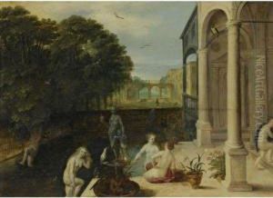 Nymphs Bathing In A Classical Garden Setting by Adriaan van Stalbemt