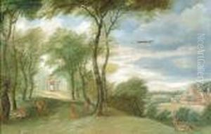 Deer In A Forest With Acastle by Adriaan van Stalbemt
