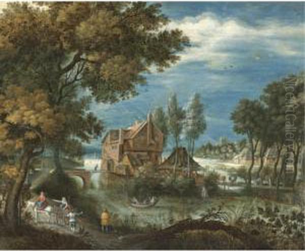 A River Landscape With A Horse And Cart, Huntsmen In A Rowing Boat Beyond - view 1