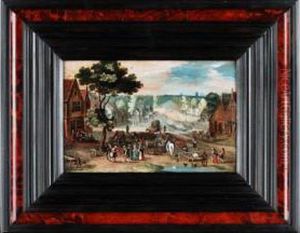 Dorflandschaft Mit Pferdekarren Und Figurenstaffage Dorflandschaft Mit Pferdekarren Und Figurenstaffage