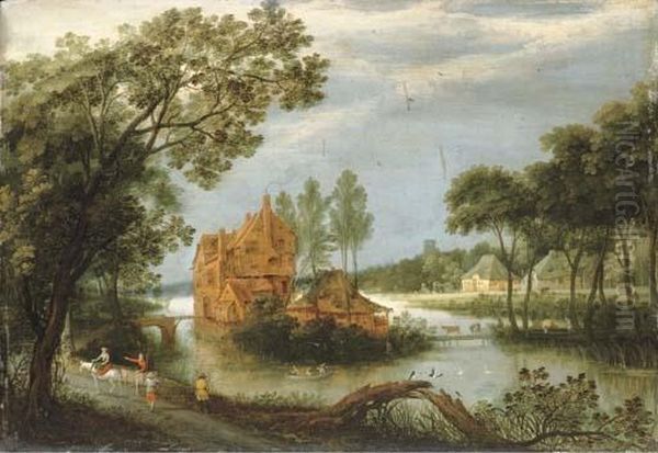 A River Landscape With Sportsmen Shooting From A Boat By A Farm And Peasants On A Path - view 1