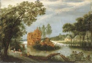 A River Landscape With Sportsmen Shooting From A Boat By A Farm And Peasants On A Path A River Landscape With Sportsmen Shooting From A Boat By A Farm And Peasants On A Path