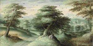 A Wooded Landscape With A Carter Resting, A Town And Mountainsbeyond