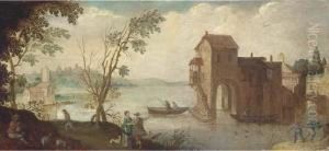 A Wooded River Landscape With A Boathouse And Fishermen