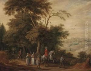 A Wooded Landscape With A Cavalryman And Other Figures On Atrack